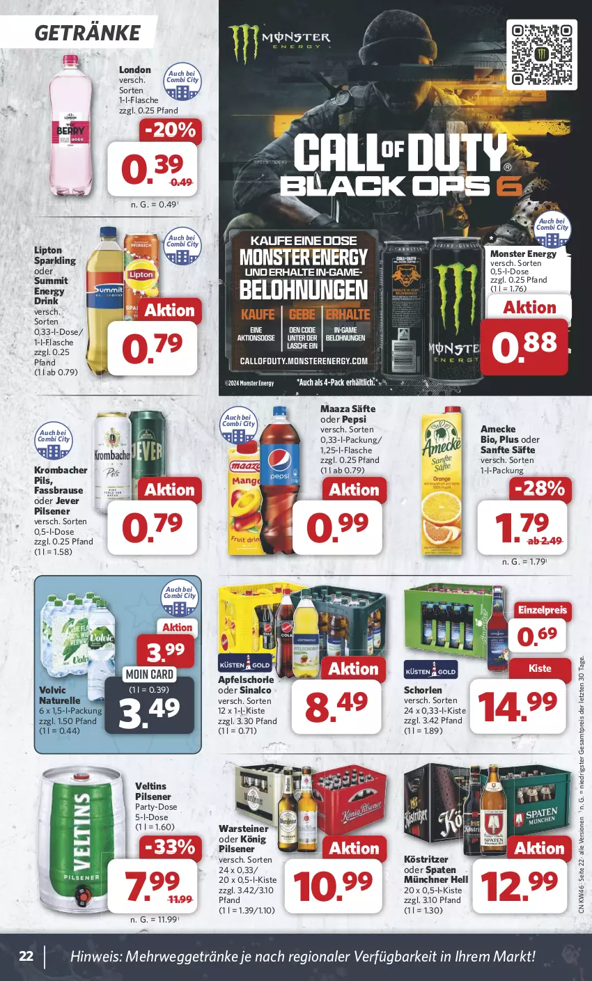 Aktueller Prospekt Combi - Prospekte - von 11.11 bis 16.11.2024 - strona 22 - produkty: amecke, apfel, Apfelschorle, bio, brause, drink, eis, elle, energy drink, fassbrause, flasche, getränk, getränke, jever, jever pilsener, könig pilsener, köstritzer, krombache, krombacher, krombacher pils, lipton, monster, Monster Energy, natur, pepsi, pils, pilsener, reis, rel, rwe, säfte, schorle, sinalco, Spaten, steiner, Ti, veltins, veltins pilsener, volvic, warsteiner, ZTE