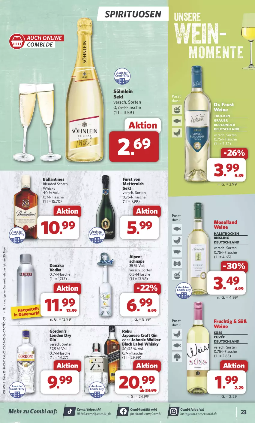 Aktueller Prospekt Combi - Prospekte - von 11.11 bis 16.11.2024 - strona 23 - produkty: auer, aust, ball, black label, blended scotch, blended scotch whisky, burgunder, cuvée, dry gin, eis, ente, flasche, frucht, fürst von metternich, gin, gordon, Gordon’s, grauer burgunder, johnnie walker, lack, LG, london dry, london dry gin, Mett, metternich, moselland, reis, riesling, scotch, scotch whisky, sekt, söhnlein, spirituosen, Ti, vodka, wein, weine, whisky, ZTE