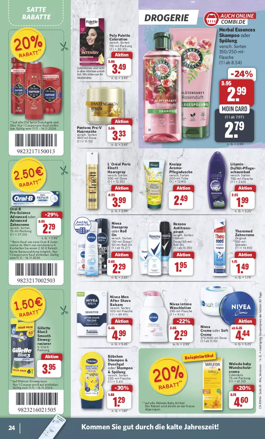 Aktueller Prospekt Combi - Prospekte - von 11.11 bis 16.11.2024 - strona 24 - produkty: after shave, Antitranspirant, Baby Wundschutzcreme, Bad, balsam, bübchen, Calendula, Cien, Colorationen, coupon, creme, deo, deospray, dusche, duschgel, einwegrasierer, eis, elnett, flasche, gillette, gin, haarspray, kneipp, L´Oréal, Lotion, Maske, nivea, Nivea Men, Old Spice, oral-b, Palette, pantene, pantene pro-v, pflegedusche, pro-v, rasierer, reis, rexona, schaumbad, Schutzcreme, shampoo, shampoo oder spülung, spülung, theramed, Ti, Waschlotion, weleda, zahncreme, ZTE