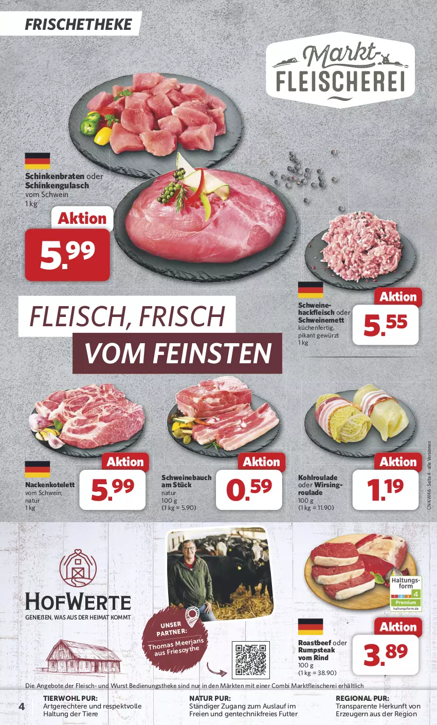 Aktueller Prospekt Combi - Prospekte - von 11.11 bis 16.11.2024 - strona 4 - produkty: angebot, angebote, Bau, beef, braten, eis, ente, fleisch, Fleischerei, gewürz, gulasch, hackfleisch, kotelett, küche, Küchen, Mett, natur, oder rumpsteak, rind, roastbeef, rum, rumpsteak, Schere, schinken, schinkenbraten, schwein, schweine, Schweinebauch, schweinemett, steak, Ti, Tiere, wein, weine, Wirsing, wurst