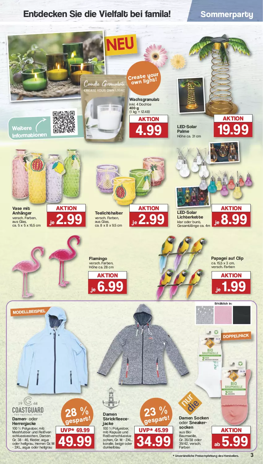 Aktueller Prospekt Famila - Prospekte - von 13.05 bis 18.05.2024 - strona 3 - produkty: Anhänger, aqua, Bau, baumwolle, bio, decke, eis, elle, Fleecejacke, flieder, Jacke, Kette, LG, lichterkette, Mode, reis, sneaker, sneakersocken, socken, Strickfleecejacke, Tasche, taschen, tee, Teelicht, teelichthalter, teller, Ti, Vase, wolle