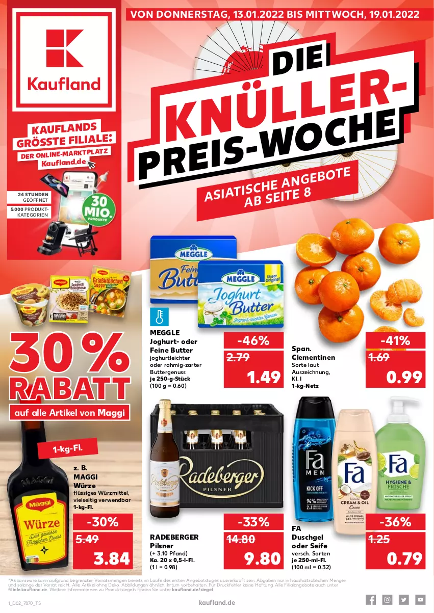 Aktueller Prospekt Kaufland - von 13.01 bis 19.01.2022 - strona 1 - produkty: angebot, angebote, Berger, butter, clementinen, die kaufland, duschgel, fa duschgel, joghur, joghurt, maggi, maggi würze, meggle, nuss, pils, pilsner, radeberger, radeberger pilsner, rwe, Seife, Ti, ZTE