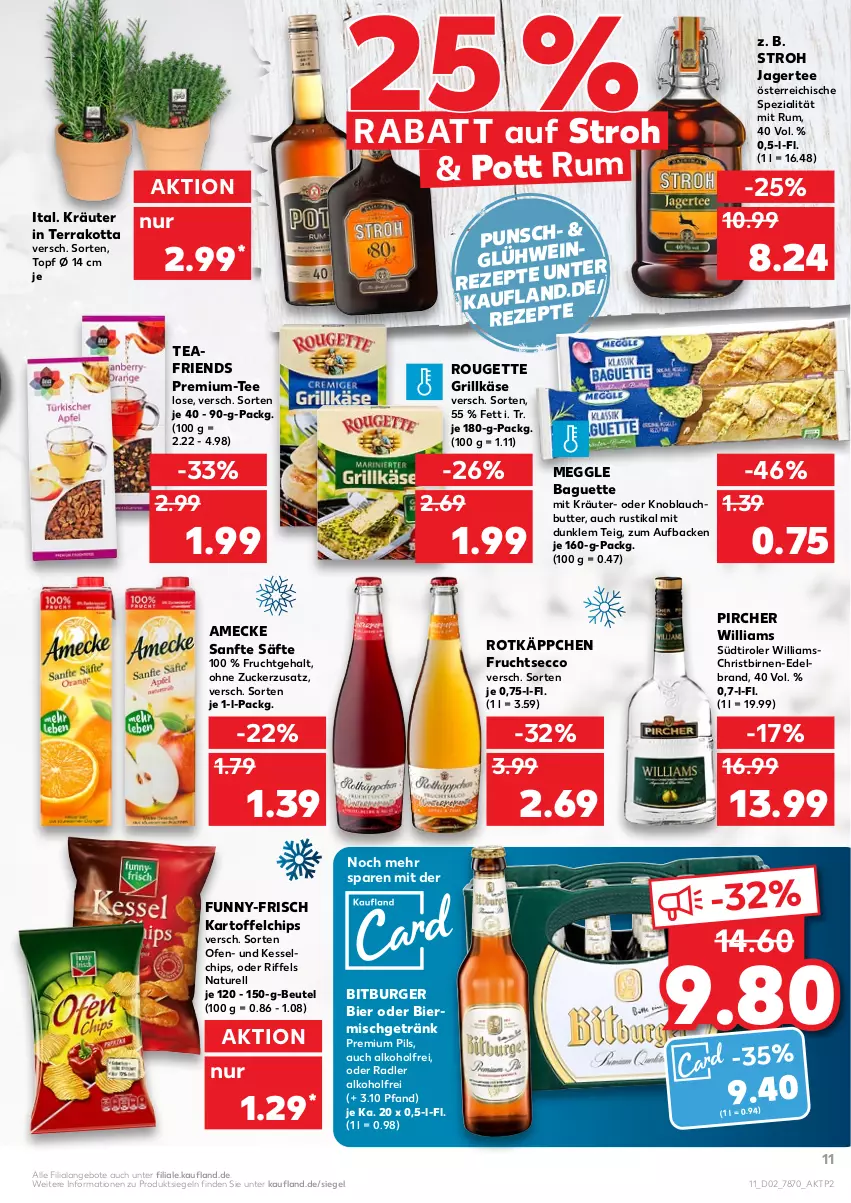 Aktueller Prospekt Kaufland - von 13.01 bis 19.01.2022 - strona 11 - produkty: alkohol, amecke, angebot, angebote, baguette, beutel, bier, Birnen, bitburger, burger, butter, chips, ecco, frucht, fruchtsecco, funny-frisch, getränk, grill, Grillkäse, Jagertee, kartoffel, kartoffelchips, Käse, knoblauch, Knoblauchbutter, kräuter, meggle, natur, oder radler, Ofen, pils, pircher, premium pils, radler, rel, rezept, rezepte, rotkäppchen, rouge, rougette, rum, säfte, Spezi, südtiroler, tee, Ti, topf, zucker