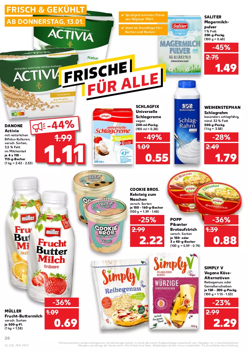 Aktueller Prospekt Kaufland - von 13.01 bis 19.01.2022 - strona 20 - produkty: activia, angebot, aufstrich, Becher, bifi, brot, brotaufstrich, butter, buttermilch, cookie, creme, danone, danone activia, elle, frucht, Germ, HP, Käse, keks, LG, milch, Müller, nuss, Popp, saliter, schlagrahm, sim, Ti, weihenstephan, ZTE