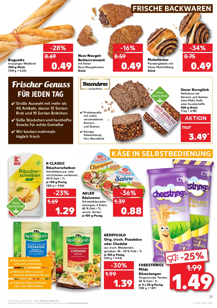 Aktueller Prospekt Kaufland - von 13.01 bis 19.01.2022 - strona 21 - produkty: angebot, angebote, backwaren, baguette, brot, brötchen, butter, cheddar, creme, Croissant, edelcreme, elle, frische backwaren, gin, hafer, Hefe, Käse, kerrygold, korn, mehl, milch, Nougatcreme, nuss, Ofen, pizza, Plunder, quinoa, ring, schinken, Schmelzkäse, schmelzkäsezubereitung, schnittkäse, snack, snacks, String, Ti, weidemilch