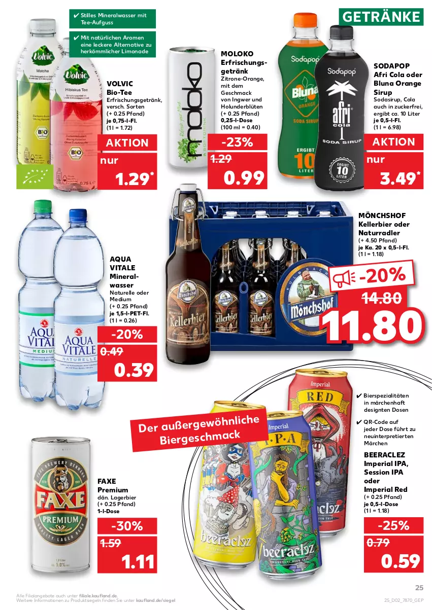 Aktueller Prospekt Kaufland - von 13.01 bis 19.01.2022 - strona 25 - produkty: Afri Cola, Alwa, angebot, angebote, aqua, axe, bier, bierspezialitäten, bio, Blüte, cola, elle, erfrischungsgetränk, getränk, getränke, holunder, holunderblüte, ingwer, kellerbier, Lagerbier, limo, limonade, mac, mineralwasser, mönchshof, natur, orange, radler, rel, Ria, sirup, Soda, Spezi, tee, Ti, vita, volvic, wasser, zitrone, zucker