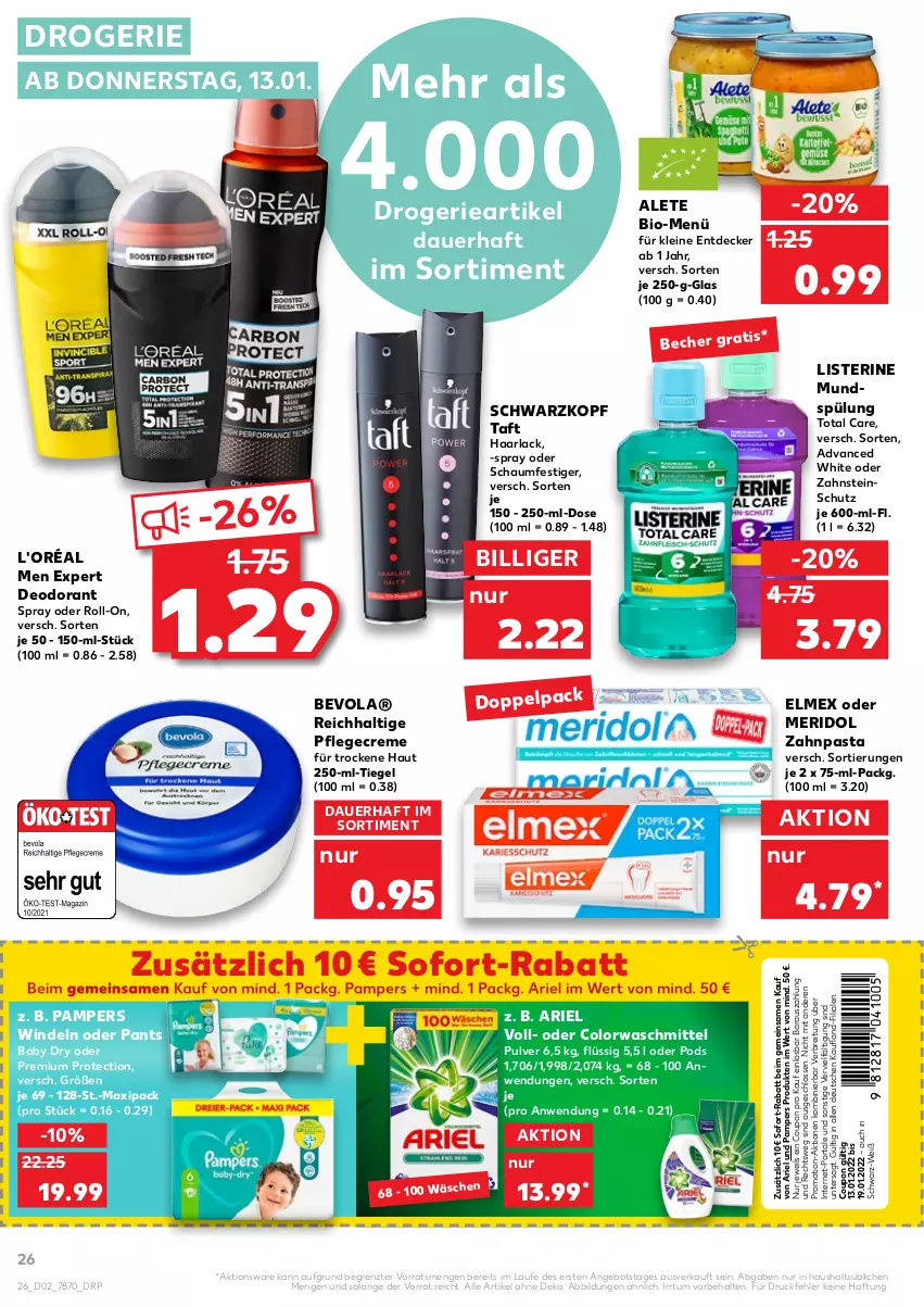 Aktueller Prospekt Kaufland - von 13.01 bis 19.01.2022 - strona 26 - produkty: angebot, ariel, arla, auer, Becher, bio, Brei, colorwaschmittel, coupon, creme, decke, deo, deodorant, elmex, Haarlack, lack, leine, listerine, meridol, mundspülung, oder schaumfestiger, pampers, Pants, pasta, Pflegecreme, Pods, roll-on, schaumfestiger, schwarzkop, schwarzkopf, sofort-rabatt, spülung, Taft, Ti, total care, waschmittel, windeln, windeln oder pants, zahnpasta, ZTE