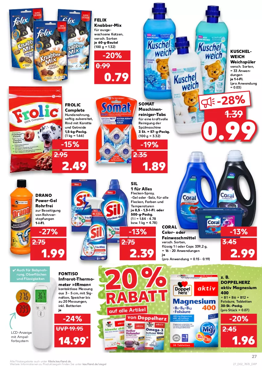 Aktueller Prospekt Kaufland - von 13.01 bis 19.01.2022 - strona 27 - produkty: angebot, angebote, Babynahrung, batterie, batterien, beutel, Cap, Coral, doppelherz, feinwaschmittel, felix, frolic, hundenahrung, kraft, Kuschelweich, magnesium, magnesium 400, maschinenreiniger, power-gel, reiniger, Reinigung, rind, saft, salz, Signal, somat, tablet, tablett, Tablette, thermometer, Ti, topf, waschmittel, weichspüler