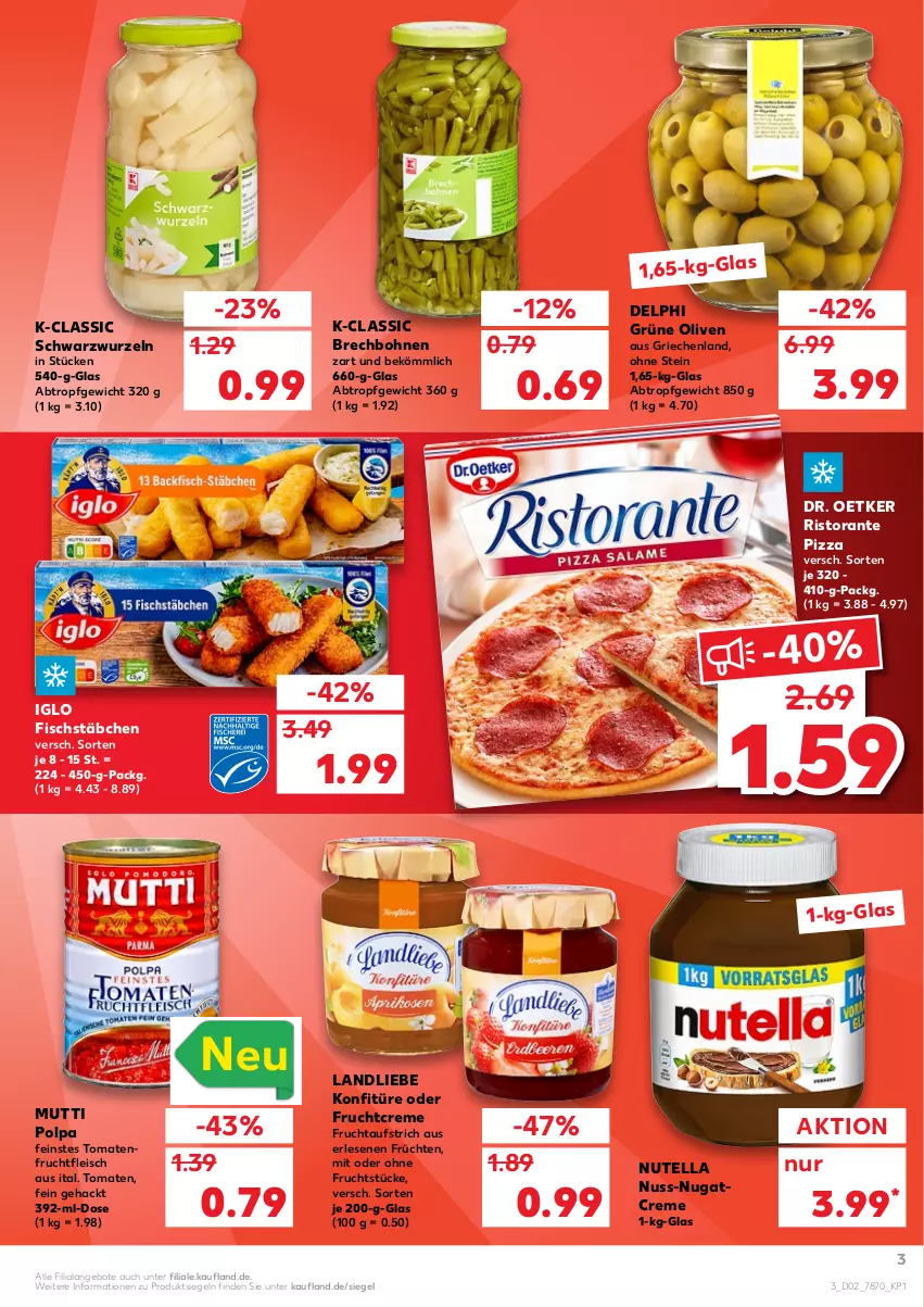 Aktueller Prospekt Kaufland - von 13.01 bis 19.01.2022 - strona 3 - produkty: angebot, angebote, aufstrich, bohne, bohnen, creme, Dr. Oetker, eis, fisch, fischstäbchen, fleisch, frucht, fruchtaufstrich, früchte, früchten, fruchtfleisch, grüne oliven, iglo, konfitüre, landliebe, Mutti, nuss, nutella, olive, oliven, pizza, ristorante, ristorante pizza, Ti, tomate, tomaten