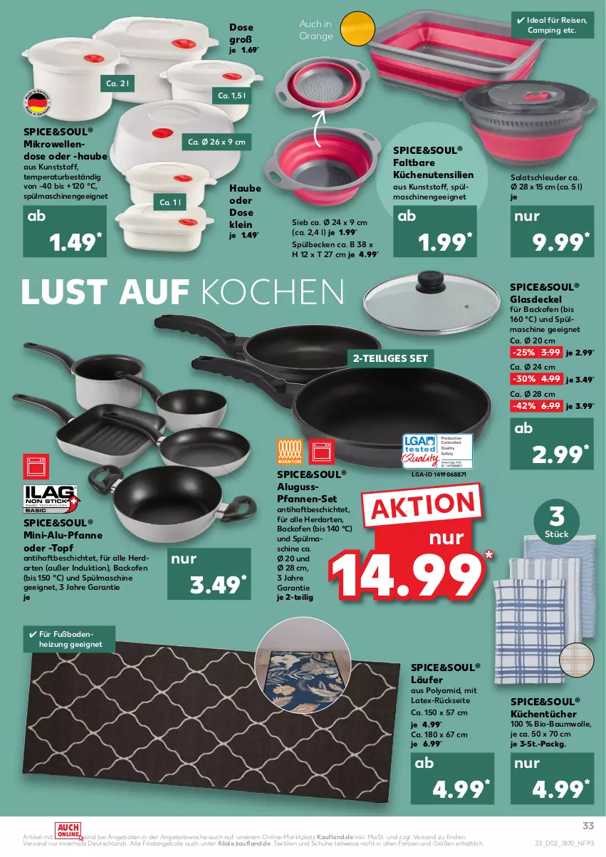 Aktueller Prospekt Kaufland - von 13.01 bis 19.01.2022 - strona 33 - produkty: angebot, angebote, backofen, Bau, baumwolle, bio, bio-baumwolle, decke, Deckel, eis, elle, Glasdeckel, herdarten, küche, Küchen, küchentücher, Läufer, LG, mikrowelle, Ofen, orange, pfanne, pfannen, pfannen-set, reis, salat, schuhe, spülmaschinen, Ti, topf, tücher, wolle