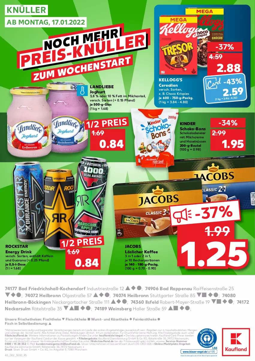 Aktueller Prospekt Kaufland - von 13.01 bis 19.01.2022 - strona 40 - produkty: angebot, angebote, Astra, Bad, Becher, beutel, bio, cerealien, creme, drink, drucker, eier, eis, energy drink, Engel, erde, feinkost, feinkosttheke, fisch, fischtheke, fleisch, jacobs, joghur, joghurt, kaffee, Käse, käsetheke, kellogg's, kerze, Kinder, landliebe, landliebe joghurt, LG, löslicher kaffee, milch, Rana, reis, Rockstar, schoko, schoko-bons, schokolade, schokoladen, Ti, wein, wurst, ZTE