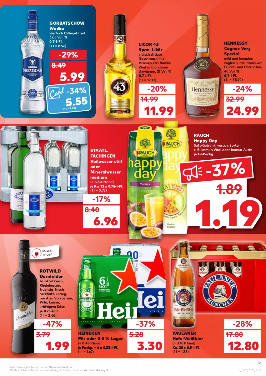 Aktueller Prospekt Kaufland - von 13.01 bis 19.01.2022 - strona 5 - produkty: Alwa, angebot, angebote, bier, Cognac, dornfelder, eis, frucht, getränk, gewürz, Gorbatschow, gorbatschow wodka, Happy Day, Hefe, heineken, Holz, Käse, lamm, licor, licor 43, likör, mac, mineralwasser, Mineralwasser Medium, Paula, paulaner, pils, qualitätswein, Rauch, rotwein, saft, Staatl. Fachingen, Ti, vanille, vita, vorspeise, wasser, wein, Wild, wodka