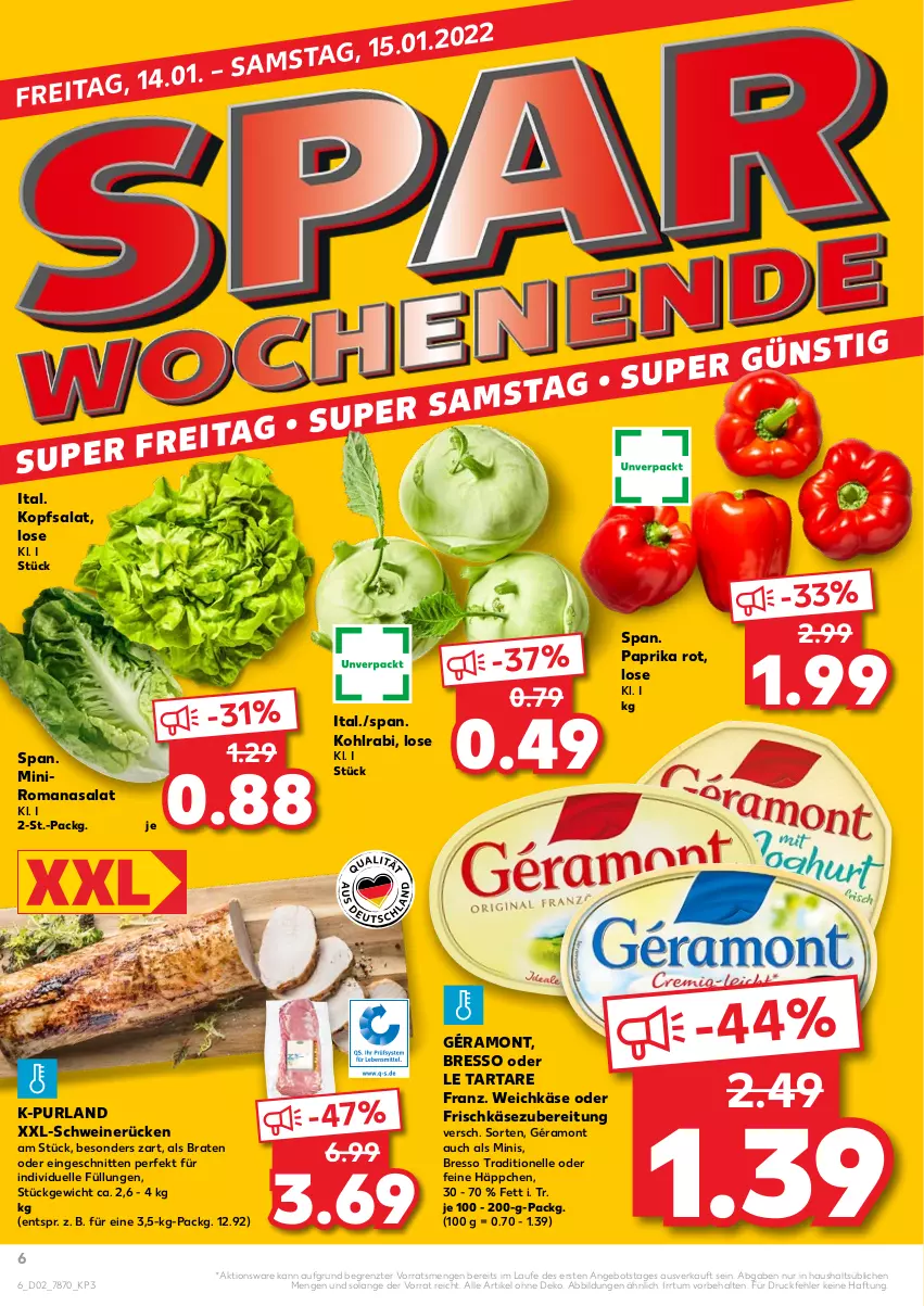 Aktueller Prospekt Kaufland - von 13.01 bis 19.01.2022 - strona 6 - produkty: angebot, braten, bresso, elle, frischkäse, frischkäsezubereitung, géramont, Käse, kohlrabi, kopfsalat, paprika, paprika rot, purland, Romanasalat, salat, schnitten, schwein, schweine, schweinerücken, Ti, weichkäse, wein, weine, ZTE