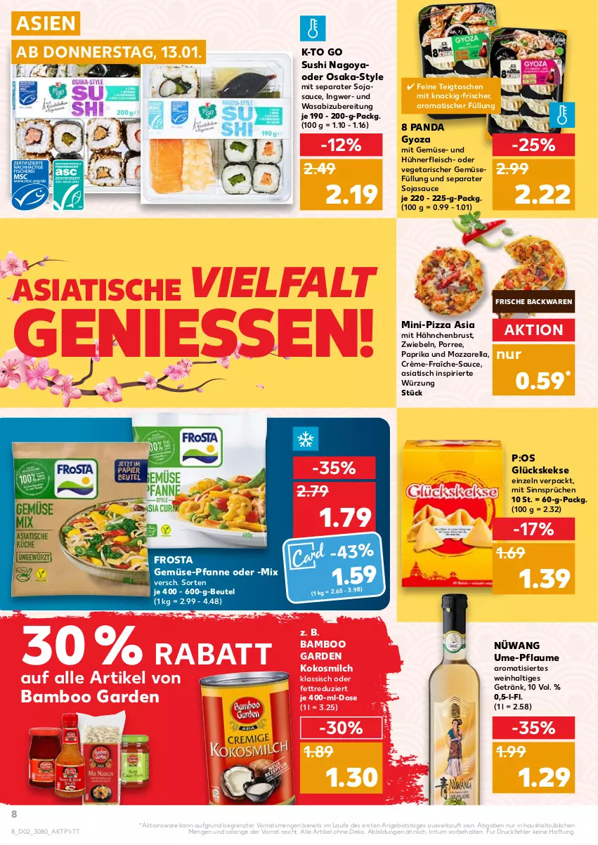 Aktueller Prospekt Kaufland - von 13.01 bis 19.01.2022 - strona 8 - produkty: angebot, backwaren, bamboo, beutel, eis, fleisch, frische backwaren, frosta, gemüse-pfanne, getränk, hähnchenbrust, hühner, ingwer, keks, kekse, kokos, kokosmilch, milch, mit gemüse, mozzarella, nerf, paprika, pfanne, pflaume, pizza, rel, sauce, soja, sojasauce, Sushi, Tasche, taschen, Ti, tisch, Vegeta, wasa, wein, Yo, ZTE, zwiebel, zwiebeln