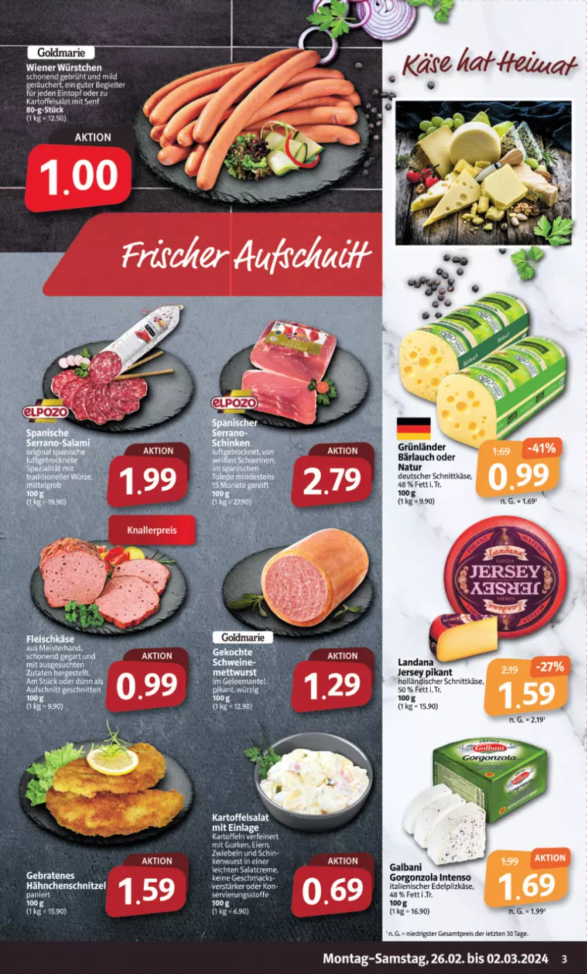 Aktueller Prospekt Markant - Prospekte - von 26.02 bis 02.03.2024 - strona 3 - produkty: braten, creme, deutscher schnittkäse, eier, eis, elle, galbani, gorgonzola, grünländer, gurke, gurken, Hähnchenschnitzel, holländischer schnittkäse, intenso, kartoffel, kartoffelsalat, Käse, knallerpreis, natur, reis, salat, salatcreme, schnittkäse, schnitzel, senf, Ti, wiener, wiener würstchen, würstchen, ZTE, zwiebel, zwiebeln