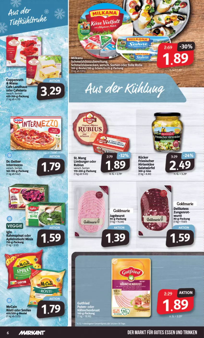 Aktueller Prospekt Markant - Prospekte - von 26.02 bis 02.03.2024 - strona 6 - produkty: apfel, beutel, burger, Dr. Oetker, gutes essen, hirtenkäse, iglo, intermezzo, jagdwurst, Käse, Limburger, mccain, rotkohl, Rubius, salat, Salatwürfel, spinat, tee, Ti, würfel, wurst