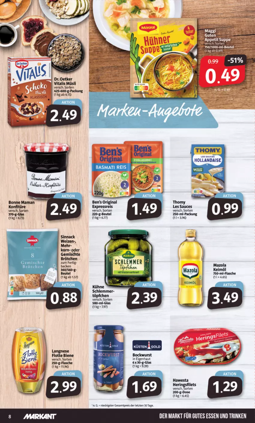 Aktueller Prospekt Markant - Prospekte - von 26.02 bis 02.03.2024 - strona 8 - produkty: beutel, bockwurst, bonne maman, brötchen, filet, filets, flasche, gin, hawesta, hering, Herings, heringsfilets, keimöl, konfitüre, korn, langnese, mam, mazola, müsli, ring, sauce, sinnack, thomy, thomy les sauces, Ti, vita, vitalis, vitalis müsli, wurst