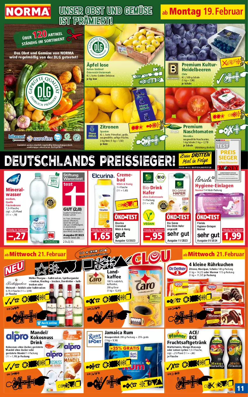 Aktueller Prospekt Norma - Norma - von 19.02 bis 26.02.2024 - strona 11 - produkty: Alwa, Bad, beere, beeren, bio, burgunder, Clin, creme, dornfelder, drink, eier, eis, elle, erde, flasche, frucht, früchte, fruchtsaft, fruchtsaftgetränk, getränk, hafer, heidelbeere, heidelbeeren, honig, kaffee, kokos, kokosnuss, kuchen, leine, LG, mandel, mango, maracuja, marzipan, milch, mineralwasser, Mineralwasser Medium, Müller, Müller-Thurgau, ndk, nuss, obst, Obst und Gemüse, recyclingmaterial, reis, reiss, Ria, riesling, rum, saft, Schal, Schale, schoko, spätburgunder, Ti, tiefpreis, tomate, tomaten, und gemüse, vita, wasser, wein, zitrone, zitronen, zucker