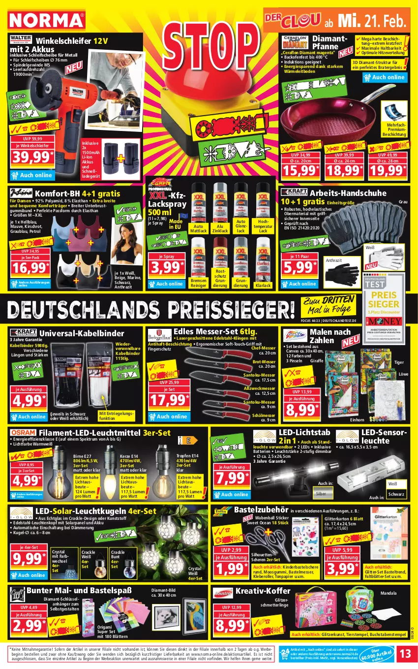 Aktueller Prospekt Norma - Norma - von 19.02 bis 26.02.2024 - strona 13 - produkty: akku, Anhänger, arla, asti, auto, backofen, ball, batterie, batterien, Bebe, Brei, brot, buch, edelstahl, eis, Elan, elle, gin, handschuhe, Hela, HP, kerze, Kinder, kirsch, kleber, koffer, Kugel, lack, ladegerät, led-licht, leds, Leuchte, leuchten, leuchtmittel, LG, messer, Mett, ndk, Ofen, papier, pfanne, pfannen, Pinsel, reiniger, reis, reiss, Ria, riegel, Roller, rum, rwe, Schal, Schere, Schmetterling, schnellladegerät, schnitten, schuhe, Spektrum, Ti, tisch, usb, weck, Winkelschleifer