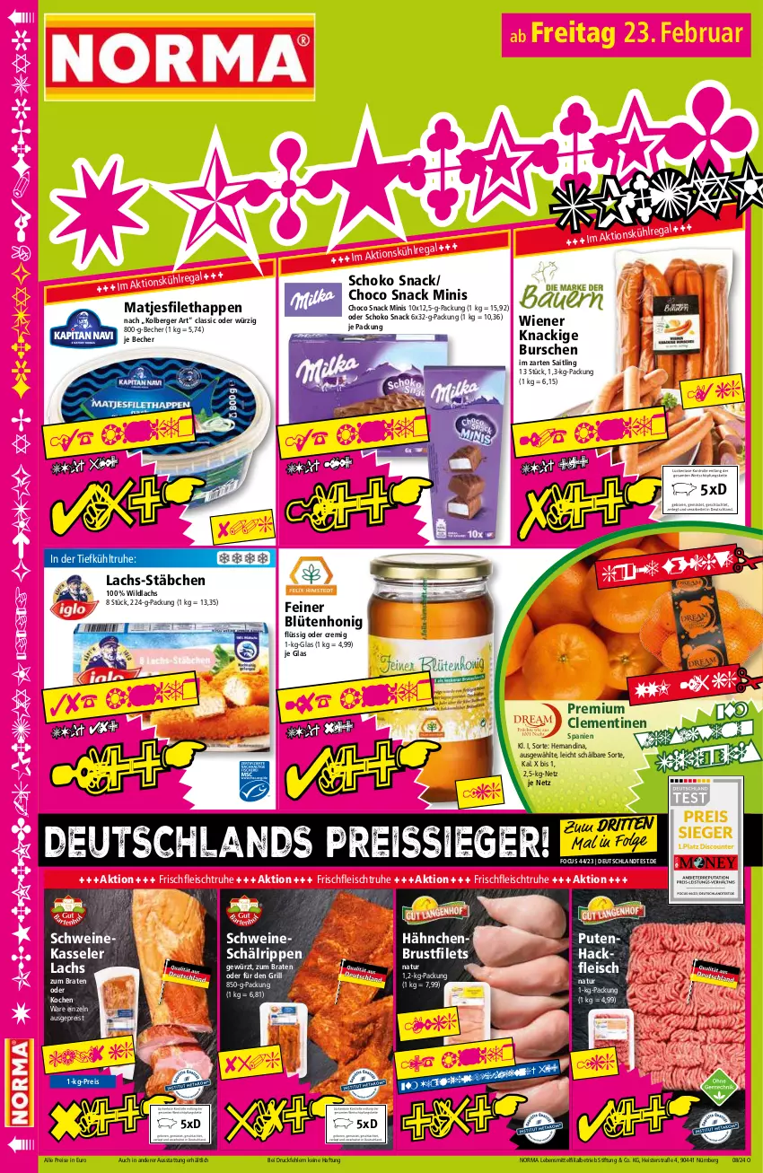 Aktueller Prospekt Norma - Norma - von 19.02 bis 26.02.2024 - strona 16 - produkty: Becher, Berger, Blüte, blütenhonig, braten, brustfilet, clementinen, eis, filet, filets, fleisch, gewürz, grill, hackfleisch, hähnchenbrust, hähnchenbrustfilet, honig, im zarten saitling, kasseler, lachs, lebensmittel, LG, matjes, Matjesfilet, natur, pute, Putenhackfleisch, regal, reis, reiss, Rippen, schoko, schwein, schweine, snack, Ti, tiefpreis, wein, weine, wiener, Wild, wildlachs