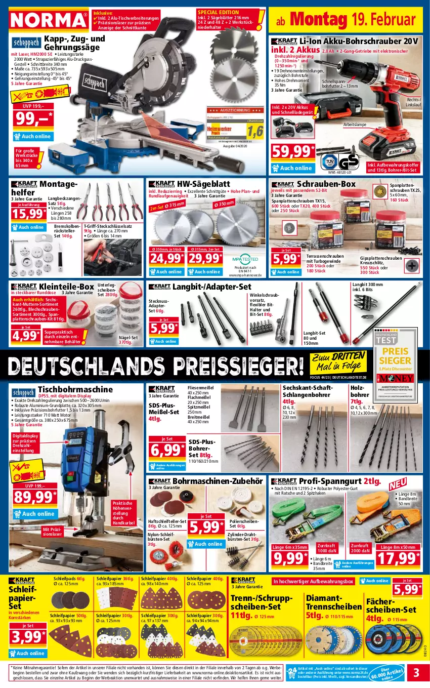 Aktueller Prospekt Norma - Norma - von 19.02 bis 26.02.2024 - strona 3 - produkty: adapter, akku, akku-bohrschrauber, aldi, aufbewahrungsbox, aufbewahrungskoffer, Bebe, Behälter, Bohrerset, Bohrschrauber, Brei, bürste, bürsten, Draht, eis, Elektro, elle, ente, Gehrungssäge, gin, Holz, koffer, korn, kraft, ladegerät, Lampe, latte, LG, ndk, nuss, papier, reis, reiss, ring, säge, Schleifpapier, schnellladegerät, schrauben, Steckschlüsselsatz, teller, Ti, tisch, Tischbohrmaschine, usb, Zangen