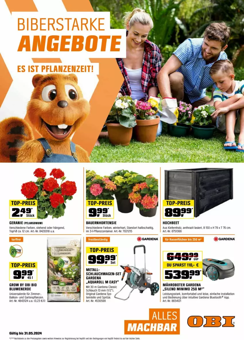 Aktueller Prospekt Obi - Prospekte - von 01.05 bis 16.05.2024 - strona 1 - produkty: aqua, auer, Bau, Bauer, bio, blume, blumen, blumenerde, Container, eis, erde, gardena, Garten, Gartenpflanze, geranie, gin, Holz, hortensie, mähroboter, Pelargonium, pflanze, pflanzen, reis, schlauch, schlauchwagen, Ti, top-preis, topf