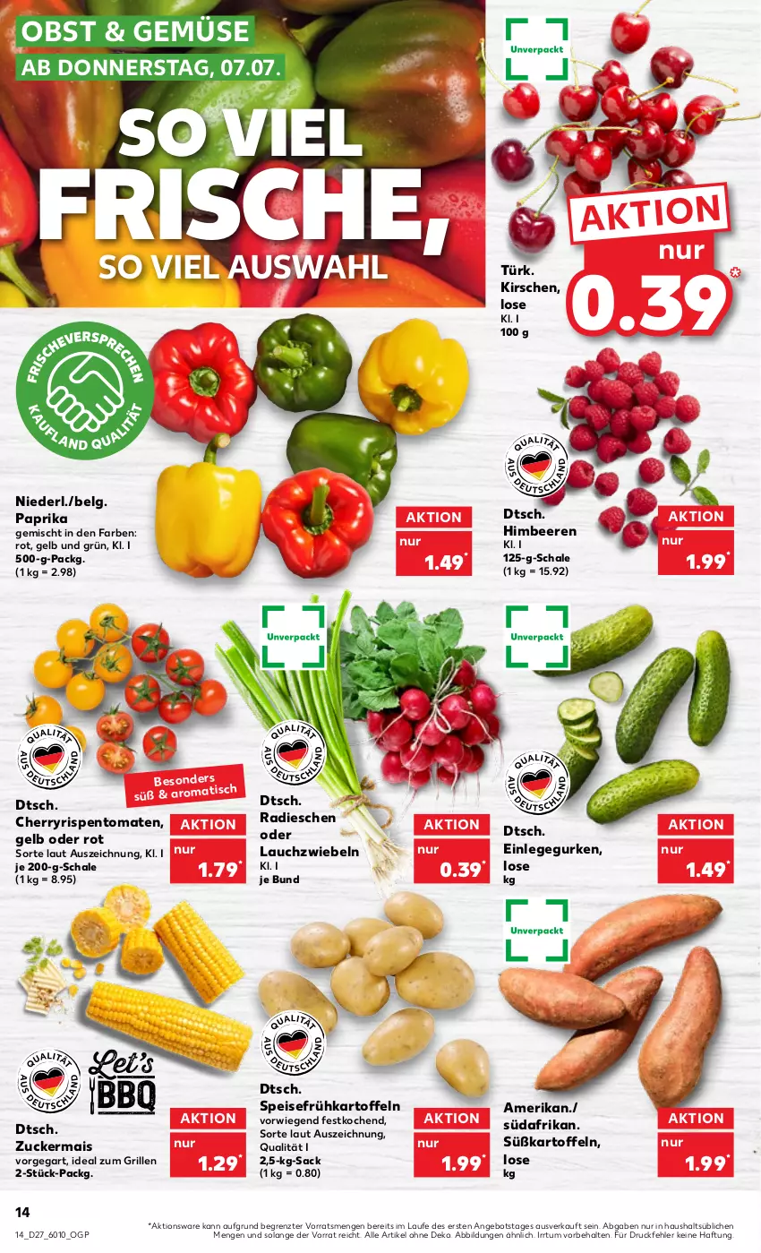 Aktueller Prospekt Kaufland - von 07.07 bis 13.07.2022 - strona 14 - produkty: angebot, beere, beeren, eis, Frühkartoffeln, grill, gurke, gurken, himbeer, himbeere, himbeeren, ideal zum grillen, kartoffel, kartoffeln, kirsch, kirsche, kirschen, Lauchzwiebel, lauchzwiebeln, LG, mais, obst, paprika, radieschen, rispentomaten, sac, Schal, Schale, speisefrühkartoffeln, Süßkartoffeln, Ti, tomate, tomaten, ZTE, zucker, zuckermais, zwiebel, zwiebeln