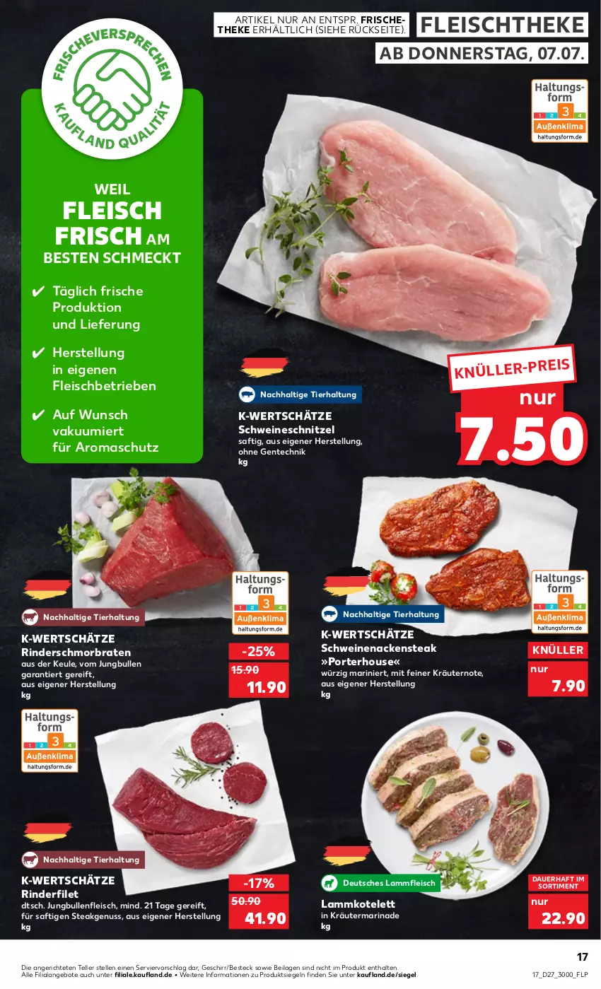 Aktueller Prospekt Kaufland - von 07.07 bis 13.07.2022 - strona 17 - produkty: angebot, angebote, auer, besteck, braten, eis, elle, ente, filet, fleisch, geschirr, ilag, jungbullen, kotelett, kräuter, kräutern, lamm, Lammfleisch, lammkotelett, marinade, Nackensteak, nuss, rind, rinder, rinderfilet, saft, schmorbraten, schnitzel, schwein, schweine, schweinenacken, schweineschnitzel, steak, teller, Ti, wein, weine