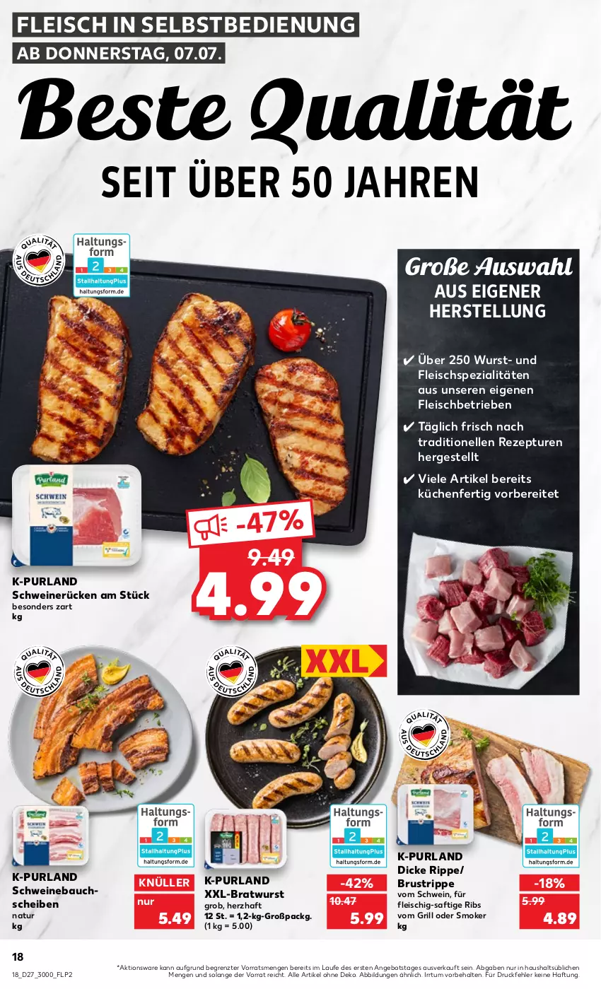 Aktueller Prospekt Kaufland - von 07.07 bis 13.07.2022 - strona 18 - produkty: angebot, Bau, bauchscheiben, bratwurst, eis, elle, fleisch, fleisch in selbstbedienung, grill, küche, Küchen, natur, purland, rezept, saft, schwein, schweine, Schweinebauch, schweinebauchscheiben, schweinerücken, Spezi, Ti, wein, weine, wurst, ZTE