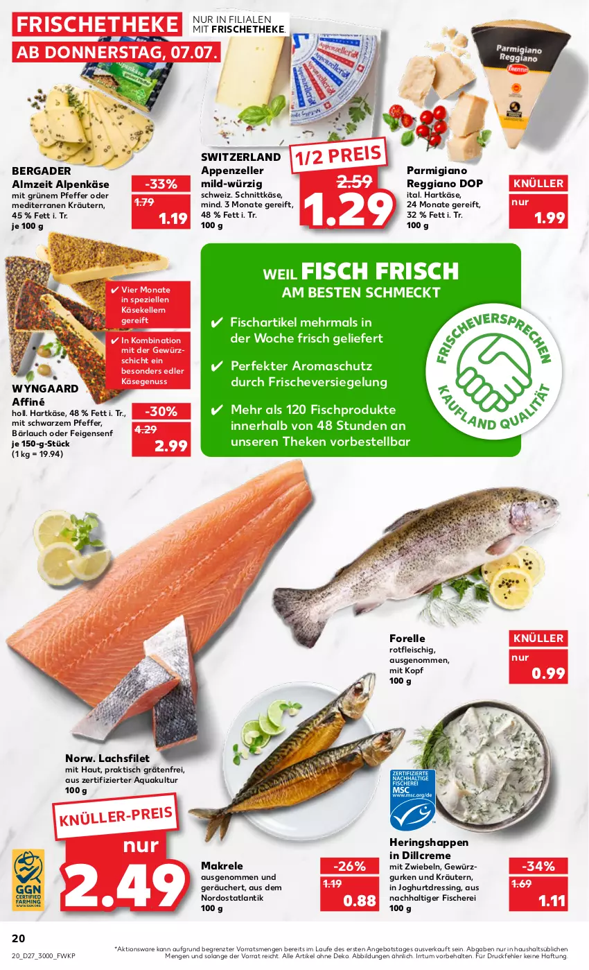 Aktueller Prospekt Kaufland - von 07.07 bis 13.07.2022 - strona 20 - produkty: angebot, appenzeller, aqua, bergader, creme, dressing, eis, elle, Feigen, filet, fisch, fische, Fischer, fleisch, forelle, gewürz, Gewürzgurke, gewürzgurken, gurke, gurken, hartkäse, hering, Herings, Heringshappen, HP, joghur, joghurt, Käse, kräuter, kräutern, lachs, lachsfilet, Makrele, mit zwiebeln, nuss, parmigiano, parmigiano reggiano, pfeffer, reggiano, reis, rel, ring, Schere, schnittkäse, senf, Spezi, Ti, tisch, ZTE, zwiebel, zwiebeln