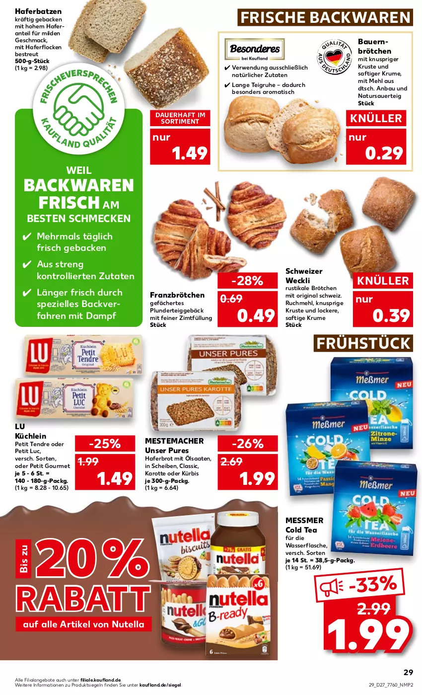 Aktueller Prospekt Kaufland - von 07.07 bis 13.07.2022 - strona 29 - produkty: angebot, angebote, auer, backwaren, Bau, Bauer, brot, brötchen, elle, flasche, frische backwaren, geback, gin, hafer, haferflocken, Kürbis, mac, mehl, mestemacher, natur, nutella, Plunder, rum, rwe, saft, Spezi, Ti, tisch, trolli, wasser, weck