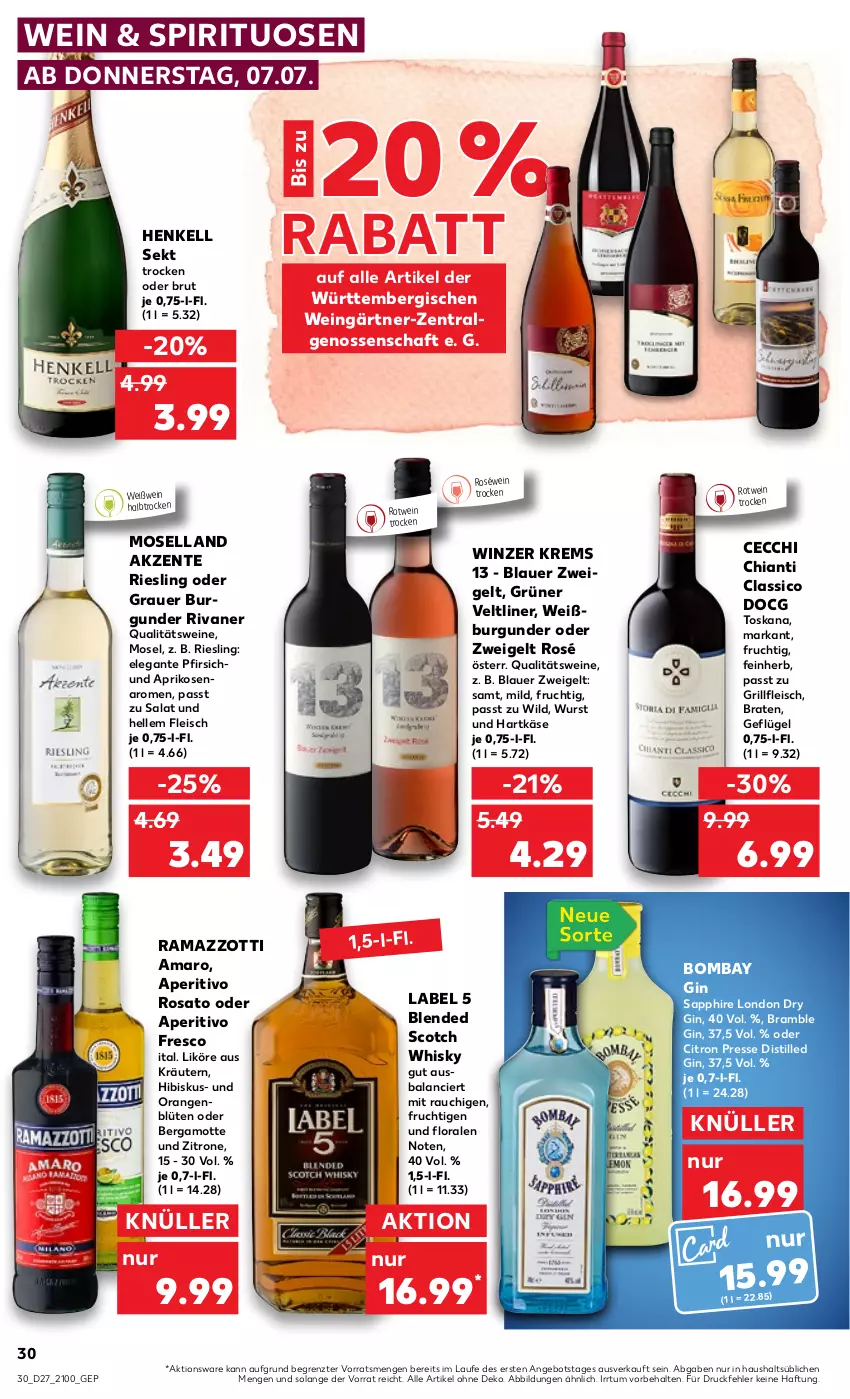 Aktueller Prospekt Kaufland - von 07.07 bis 13.07.2022 - strona 30 - produkty: amaro, angebot, aperitivo rosato, aprikose, aprikosen, auer, Bergamotte, blauer zweigelt, blended scotch, blended scotch whisky, Blüte, braten, brut, burgunder, chia, chianti, classico, dry gin, eis, elle, ente, fleisch, frucht, Geflügel, gin, grill, grüner veltliner, hartkäse, henkel, henkell, henkell sekt, Käse, kräuter, kräutern, likör, london dry, london dry gin, moselland, orange, orangen, pfirsich, qualitätswein, qualitätsweine, rama, ramazzott, ramazzotti, Rauch, riesling, Rivaner, rosato, roséwein, rotwein, salat, sapphire, scotch, scotch whisky, sekt, spirituosen, Ti, usb, wein, weine, Weißwein, whisky, Wild, wurst, zitrone, zott, ZTE, Zweigelt