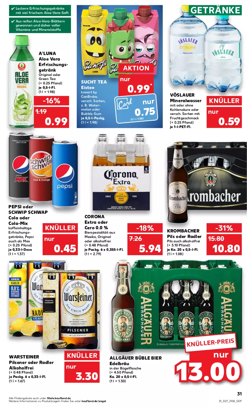 Aktueller Prospekt Kaufland - von 07.07 bis 13.07.2022 - strona 31 - produkty: alkohol, aloe vera, Alwa, angebot, angebote, auer, bier, bügel, bügelflasche, cola, corona, corona extra, eier, eis, eistee, erfrischungsgetränk, erfrischungsgetränke, flasche, frucht, getränk, getränke, gin, green tea, krombache, krombacher, krombacher pils, LG, mac, mineralwasser, mit frucht, oder radler, pepsi, pils, pilsener, radler, reifen, saft, Schwip Schwap, Spezi, steiner, tee, Ti, vita, Vitamine, vöslauer, warsteiner, wasser