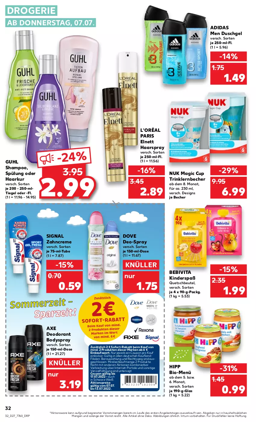 Aktueller Prospekt Kaufland - von 07.07 bis 13.07.2022 - strona 32 - produkty: Adidas, aktionspreis, angebot, axe, bebivita, Becher, beutel, bio, body, bodyspray, Brei, coupon, creme, deo, deodorant, dove, duschgel, eis, elnett, Guhl, haarspray, hipp, Kinder, nuk, quetschbeutel, reis, shampoo, Signal, sofort-rabatt, spülung, Ti, vita, zahncreme, ZTE