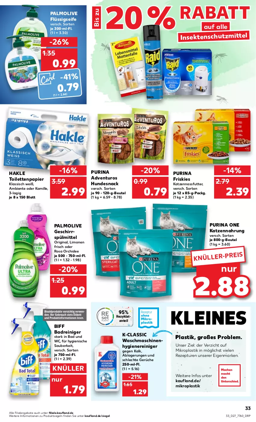 Aktueller Prospekt Kaufland - von 07.07 bis 13.07.2022 - strona 33 - produkty: adventuros, angebot, angebote, asti, Bad, beutel, biff, eis, ente, flüssigseife, Friskies, geschirr, geschirrspülmittel, gin, hakle, hakle toilettenpapier, hundesnack, insektenschutz, Kamill, kamille, katzennahrung, leine, limo, limonen, nassfutter, olive, orchidee, palmolive, papier, purina, reiniger, rezept, Seife, sekt, snack, spülmittel, Ti, toilettenpapier, waschmaschine, waschmaschinen