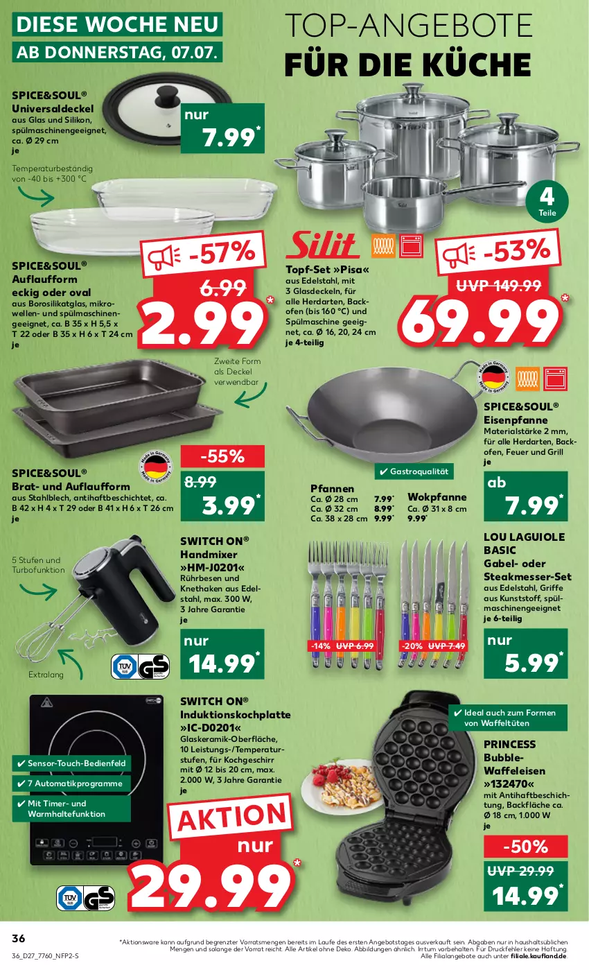 Aktueller Prospekt Kaufland - von 07.07 bis 13.07.2022 - strona 36 - produkty: angebot, angebote, auto, backofen, decke, Deckel, edelstahl, eis, elle, gabel, geschirr, Glasdeckel, glaskeramik, grill, handmixer, herdarten, HP, küche, latte, messer, mikrowelle, Mixer, Ofen, pfanne, pfannen, Ria, rwe, spülmaschinen, steak, Ti, timer, top-angebot, topf, topf-set, Tüte, Waffeleisen, wok, ZTE