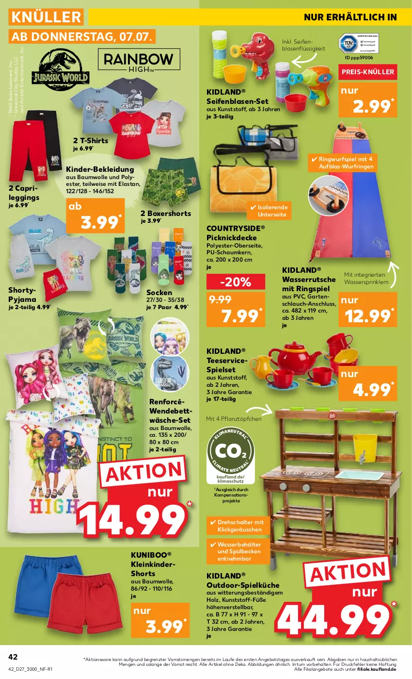 Aktueller Prospekt Kaufland - von 07.07 bis 13.07.2022 - strona 42 - produkty: angebot, angebote, Bau, baumwolle, Behälter, bett, bettwäsche, Cap, decke, eis, ente, Garten, gartenschlauch, gin, Holz, Kinder, kleid, Kleidung, küche, leggings, picknickdecke, pril, Pyjama, reis, ring, Schal, schlauch, Seife, senf, shirt, shirts, shorts, shorty, socken, Spielküche, T-Shirt, tee, Ti, Töpfchen, wasser, wasserrutsche, wendebettwäsche, wolle, ZTE