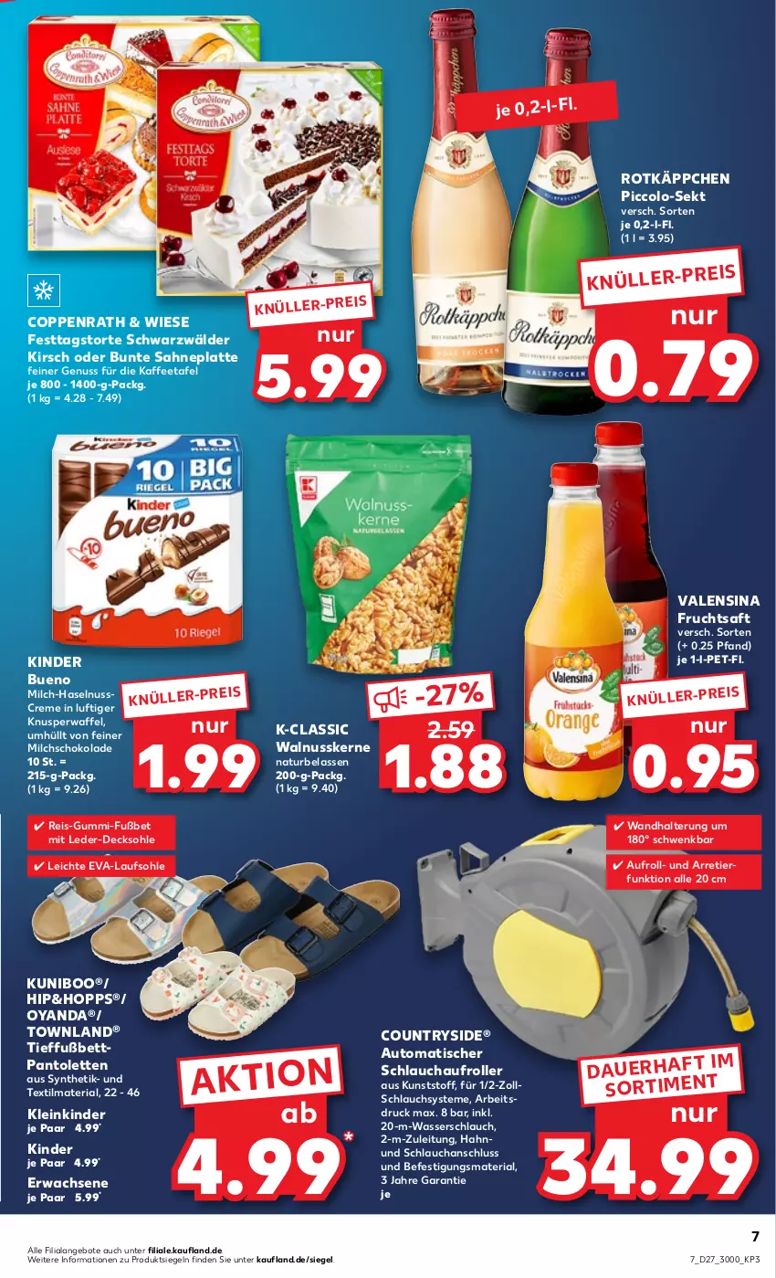 Aktueller Prospekt Kaufland - von 07.07 bis 13.07.2022 - strona 7 - produkty: angebot, angebote, auer, auto, bett, coppenrath, creme, decksohle, eis, frucht, fruchtsaft, haselnuss, Haselnusscreme, kaffee, Kinder, kinder bueno, kirsch, latte, milch, natur, nuss, pantolette, pantoletten, reis, Ria, Roller, rotkäppchen, saft, sahne, schlauch, schoko, schokolade, sekt, Ti, tisch, torte, valensina, walnuss, walnusskerne, wandhalterung, wasser, Wasserschlauch