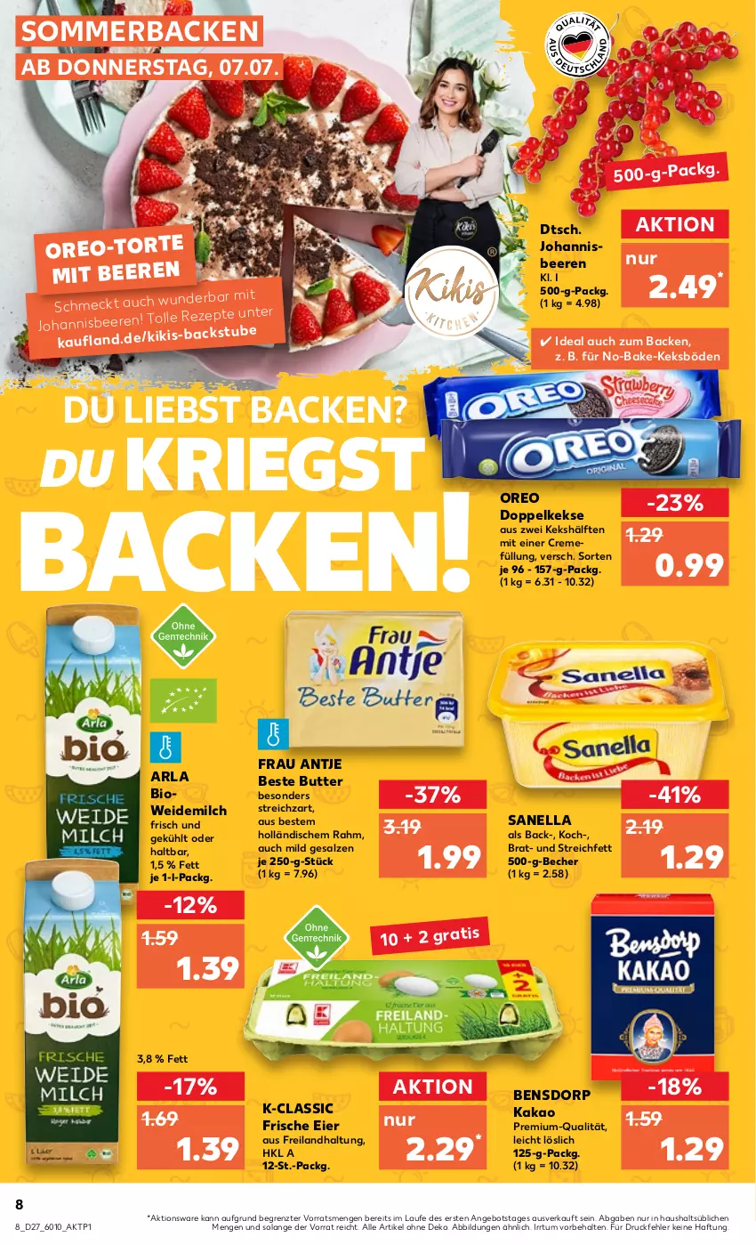 Aktueller Prospekt Kaufland - von 07.07 bis 13.07.2022 - strona 8 - produkty: angebot, arla, Becher, beere, beeren, beste butter, bio, butter, creme, Doppelkekse, eier, frau antje, johannisbeere, Johannisbeeren, kakao, keks, kekse, milch, oreo, rezept, rezepte, salz, Streichzart, stube, Ti, torte, weidemilch, ZTE