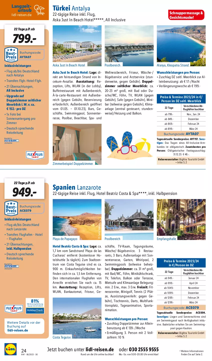 Aktueller Prospekt Lidl - August Reise-Highlights - von 28.07 bis 30.08.2023 - strona 24 - produkty: Armband, auto, Bad, Bank, buch, bügel, Cif, eis, Elan, elle, ente, Garten, Gesichtsmaske, gsw, inklusivleistungen, kühlschrank, LG, Liege, Maske, pool, pril, reis, reiseveranstalter, rezept, rum, schirme, Schrank, sonnenschirm, Sport, telefon, Ti, tisch, tücher, uhr, wellnessbereich, Whirlpool, Yo, zimmerbeispiel