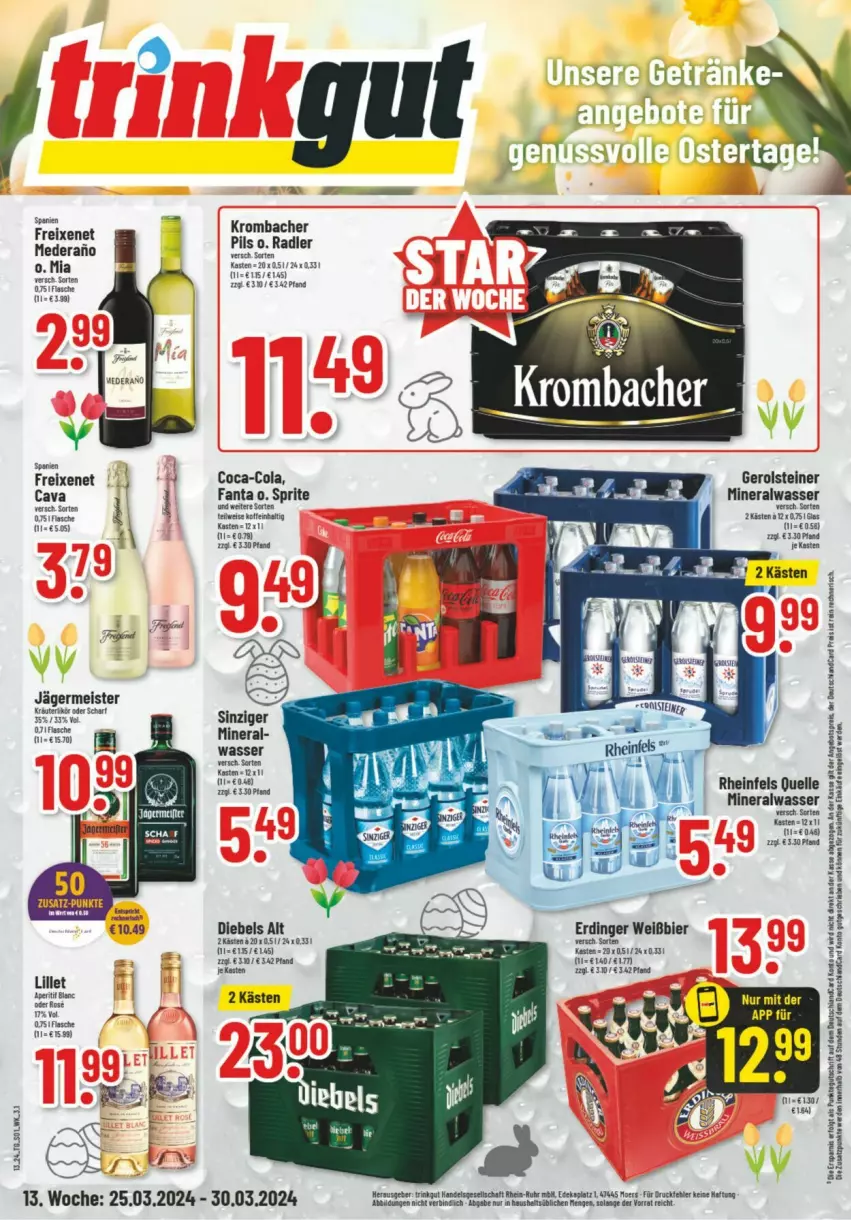 Aktueller Prospekt Trinkgut - Prospekte - von 26.03 bis 30.03.2024 - strona 1 - produkty: Alwa, coca-cola, cola, diebels, eis, elle, fanta, flasche, freixenet, Germ, gerolsteine, gerolsteiner, jägermeister, krombache, krombacher, krombacher pils, lillet, Meister, mineralwasser, pils, radler, rheinfels quelle, sprite, steiner, Ti, wasser