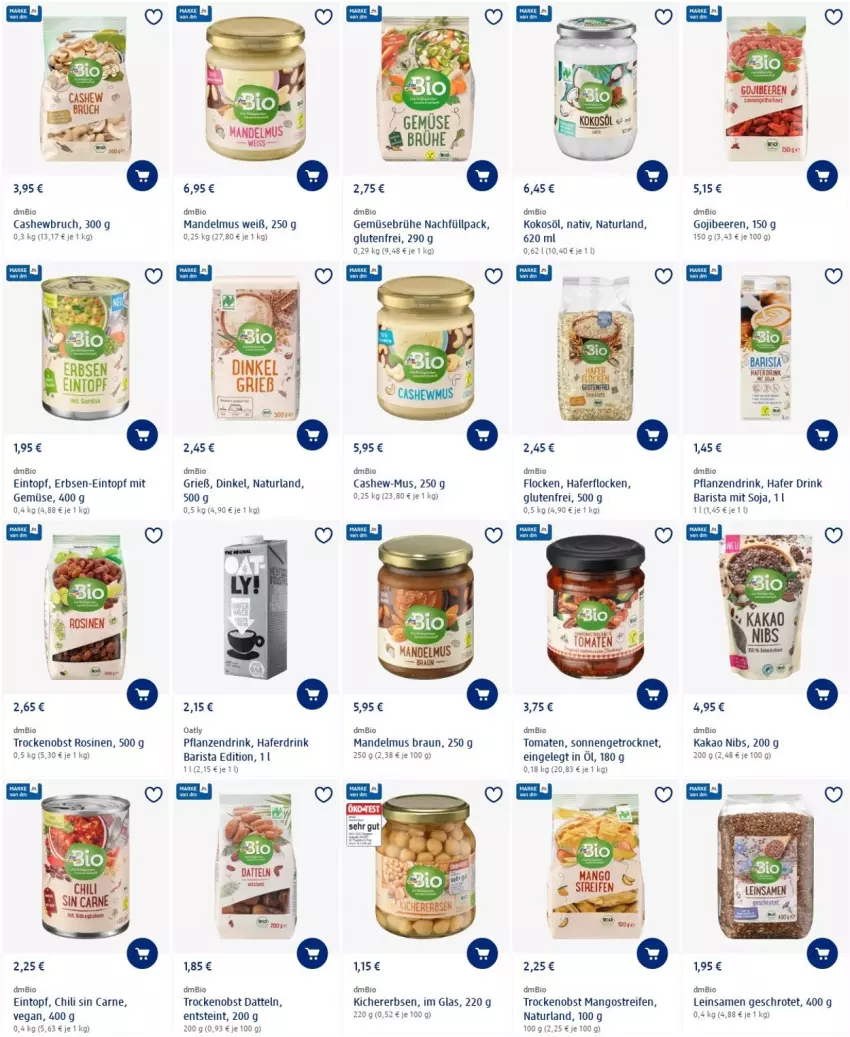 Aktueller Prospekt Dm Drogerie - Prospekte - von 28.04 bis 04.05.2022 - strona 7 - produkty: beere, beeren, bio, braun, Brühe, Cashew, chili, Datteln, drink, eintopf, erbsen, Gemüsebrühe, hafer, Haferdrink, haferflocken, kakao, kichererbsen, kokos, kokosöl, mandel, Mandelmus, mango, mangos, mit gemüse, natur, naturland, obst, pflanze, pflanzen, reifen, soja, Ti, tomate, tomaten, topf