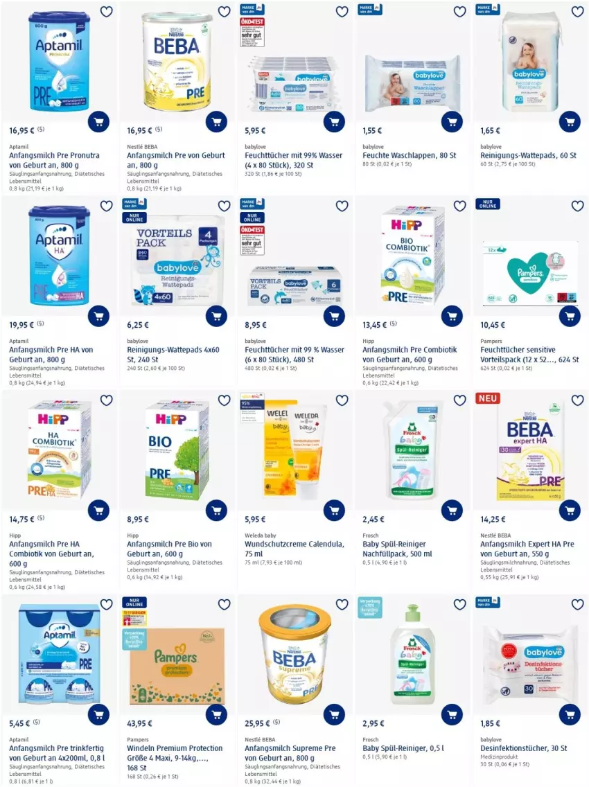 Aktueller Prospekt Dm Drogerie - Prospekte - von 28.04 bis 04.05.2022 - strona 8 - produkty: Babylove, Bad, Beba, bio, Calendula, creme, Desinfektion, feuchttücher, Frosch, hipp, lebensmittel, medizinprodukt, milch, pampers, reiniger, Reinigung, Schutzcreme, tee, Ti, tisch, tücher, waschlappen, wasser, wattepads, weleda, windeln