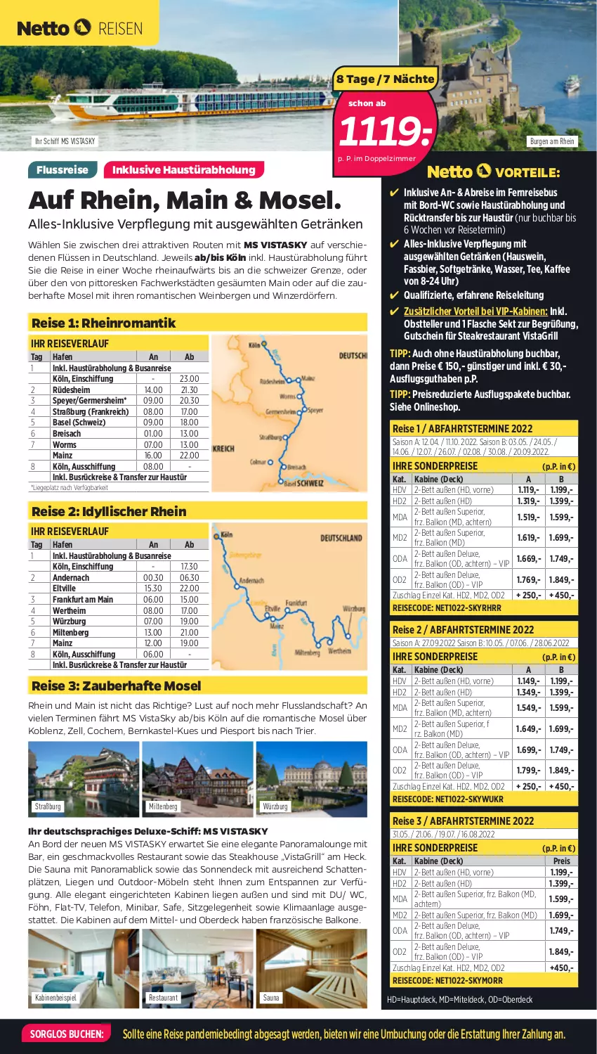 Aktueller Prospekt Netto - Netto-Reisen - von 07.03 bis 20.03.2022 - strona 3 - produkty: aust, bett, bier, Brei, buch, eis, elle, erde, flasche, Germ, getränk, getränke, grill, gutschein, kaffee, Liege, mab, mac, möbel, obst, rama, reis, reiseverlauf, sac, sekt, Skyr, speyer, Sport, steak, tee, telefon, teller, Ti, tisch, uhr, wasser, wein