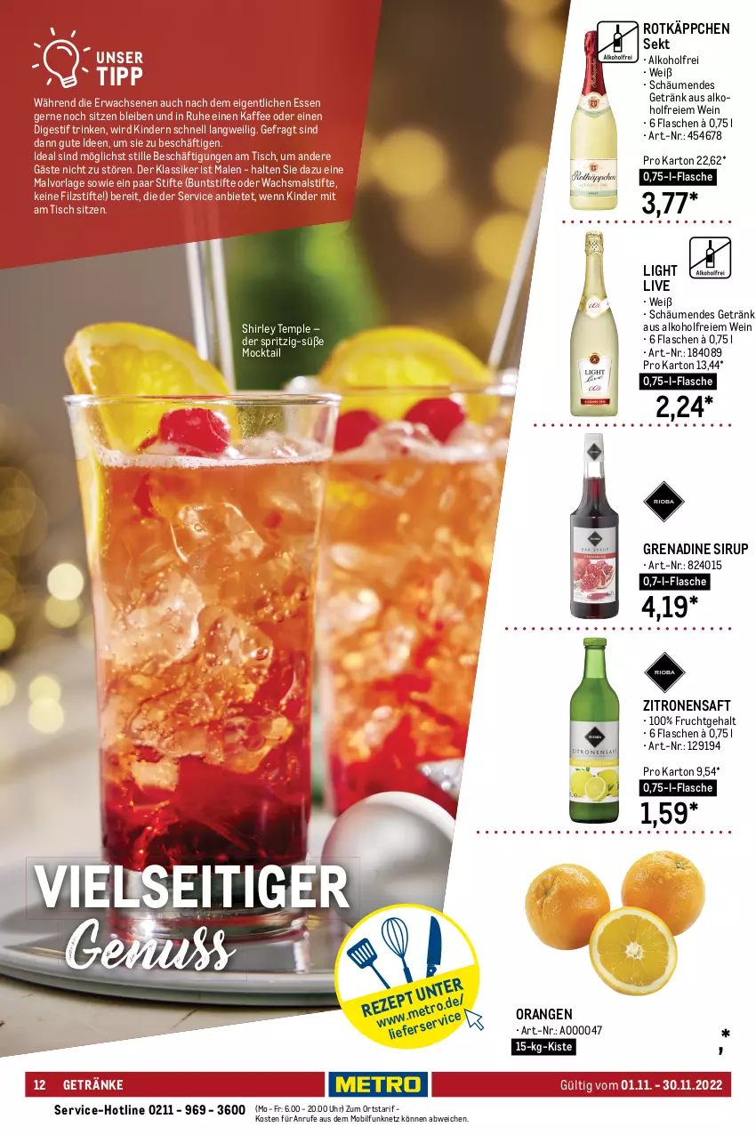 Aktueller Prospekt Metro - Lieferservice Aktuell - von 01.11 bis 30.11.2022 - strona 12 - produkty: alkohol, Amarenakirschen, ball, beutel, buntstifte, cocktail, drink, eier, eierlikör, eis, eiswürfel, flasche, frucht, garnier, getränk, getränke, gin, ginger, ginger ale, kaffee, Kinder, kirsch, kirsche, kirschen, lieferservice, likör, limette, limetten, limo, limonade, Metro, Mett, metten, orange, orangen, reis, rioba, rotkäppchen, rwe, saft, sahne, schlagsahne, schweppes, sekt, sirup, stifte, Ti, tisch, uhr, wein, würfel, zitrone, zitronen, zitronensaft, zucker