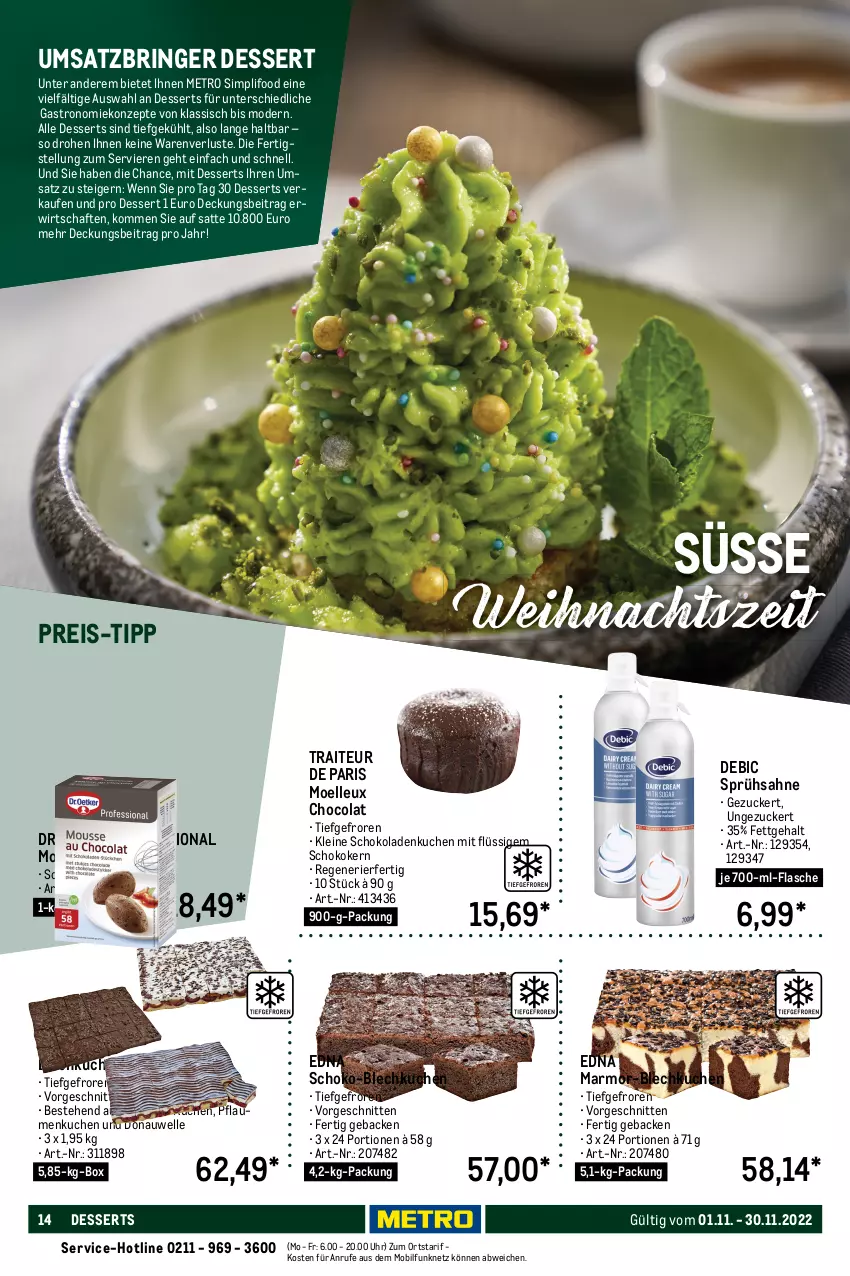 Aktueller Prospekt Metro - Lieferservice Aktuell - von 01.11 bis 30.11.2022 - strona 14 - produkty: apfel, avocado, beef, beere, beeren, bett, bio, braten, brownie, butter, cola, creme, dessert, desserts, Dr. Oetker, dressing, eis, elle, ente, Entenbrust, flasche, geback, grütze, karotten, kartoffel, kirsch, Knödel, kuchen, lachs, leine, lieferservice, mac, Macarons, mandel, mandeln, meerrettich, Metro, Mode, mousse, orange, orangen, pflaume, pflaumen, Portwein, Räucherlachs, reis, Rettich, ring, rotkohl, rwe, sahne, salat, Salatmix, sauce, schnitten, schoko, schokolade, schokoladen, sim, Ti, uhr, Vegeta, Vichy, wein, zucker