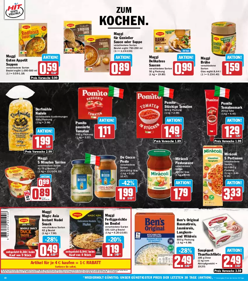 Aktueller Prospekt Hit - Wochenprospekt - von 25.08 bis 30.08.2025 - strona 10 - produkty: basmati, Becher, beutel, Brei, Brühe, coupon, De Cecco, delikatess sauce, ecco, eis, fertiggericht, fertiggerichte, filet, filets, fisch, gin, korn, maggi, Mirácoli, nudel, nudeln, pasta, pesto, pomito, reis, sauce, saucen, saupiquet, snack, suppe, suppen, terrine, thunfisch, Ti, Tiere, tomate, tomaten, tomatenmark, Wild, ZTE