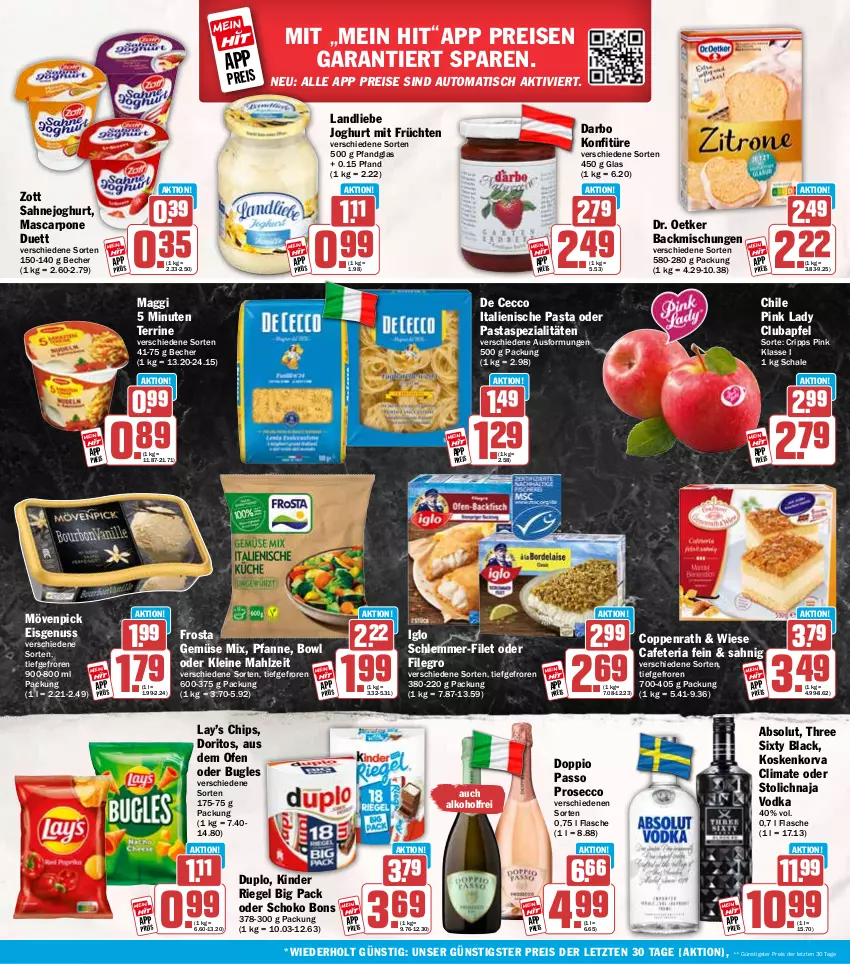 Aktueller Prospekt Hit - Wochenprospekt - von 25.08 bis 30.08.2025 - strona 18 - produkty: alkohol, apfel, auto, backmischung, Backmischungen, Becher, bugles, chips, coppenrath, darbo, De Cecco, doppio passo, Doritos, Dr. Oetker, duplo, ecco, eis, filegro, filet, flasche, frosta, früchte, früchten, Gemüse Mix, iglo, italienische pasta, joghur, joghurt, Kinder, kinder riegel, konfitüre, lack, landliebe, landliebe joghurt, leine, maggi, mascarpone, mövenpick, mövenpick eis, nuss, Ofen, passo, pasta, pfanne, Pink Lady, prosecco, reis, Ria, riegel, sahne, Sahnejoghurt, Schal, Schale, schlemmer-filet, schoko, Spezi, terrine, Three Sixty, Ti, tisch, vodka, zott, ZTE