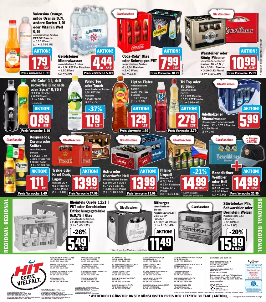 Aktueller Prospekt Hit - Wochenprospekt - von 25.08 bis 30.08.2025 - strona 19 - produkty: adelholzener, Afri Cola, Alwa, angebot, angebote, Astra, auer, Bad, Benediktiner, bier, bio, bitburger, braun, burger, coca-cola, cola, corona, deit, desperados, eimer, eis, eistee, elle, Engel, erfrischungsgetränk, erfrischungsgetränke, fisch, flasche, gerolsteine, gerolsteiner, getränk, getränke, glasflasche, Holz, könig pilsener, Kozel, limo, limonade, lipton, Lübecker, mineralwasser, Mineralwasser Classic, natur, orange, pils, pilsener, pilsner, Rauch, reis, rel, rheinfels quelle, schweppes, sirup, Spezi, steiner, störtebeker, tee, Ti, tyskie, uhr, valensina, vita, volvic, warsteiner, wasser, Yo, ZTE, zucker