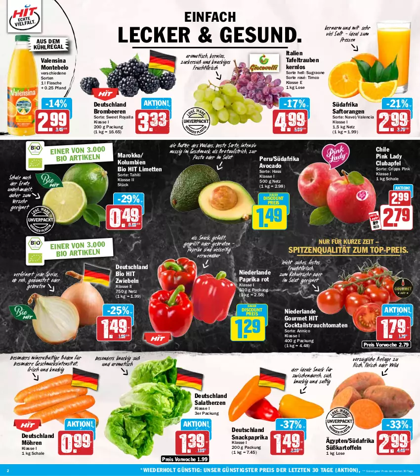 Aktueller Prospekt Hit - Wochenprospekt - von 25.08 bis 30.08.2025 - strona 2 - produkty: apfel, auer, aufstrich, aus dem kühlregal, avocado, beere, beeren, bio, bio hit, braten, brombeere, brombeeren, brot, brotaufstrich, butter, cocktail, cocktails, discount, eis, fisch, flasche, fleisch, frucht, fruchtfleisch, grill, ilag, kartoffel, kartoffeln, kühlregal, limette, limetten, mac, Mett, metten, möhren, monte, nuss, orange, orangen, paprika, paprika rot, pasta, Pink Lady, Rauch, regal, reis, rwe, saft, Saftorangen, salat, salatherzen, Schal, Schale, snack, spitzenqualität, strauchtomaten, Süßkartoffeln, tafeltrauben, Ti, tisch, tomate, tomaten, top-preis, trauben, valensina, Wild, ZTE, zucker, zwiebel, zwiebeln